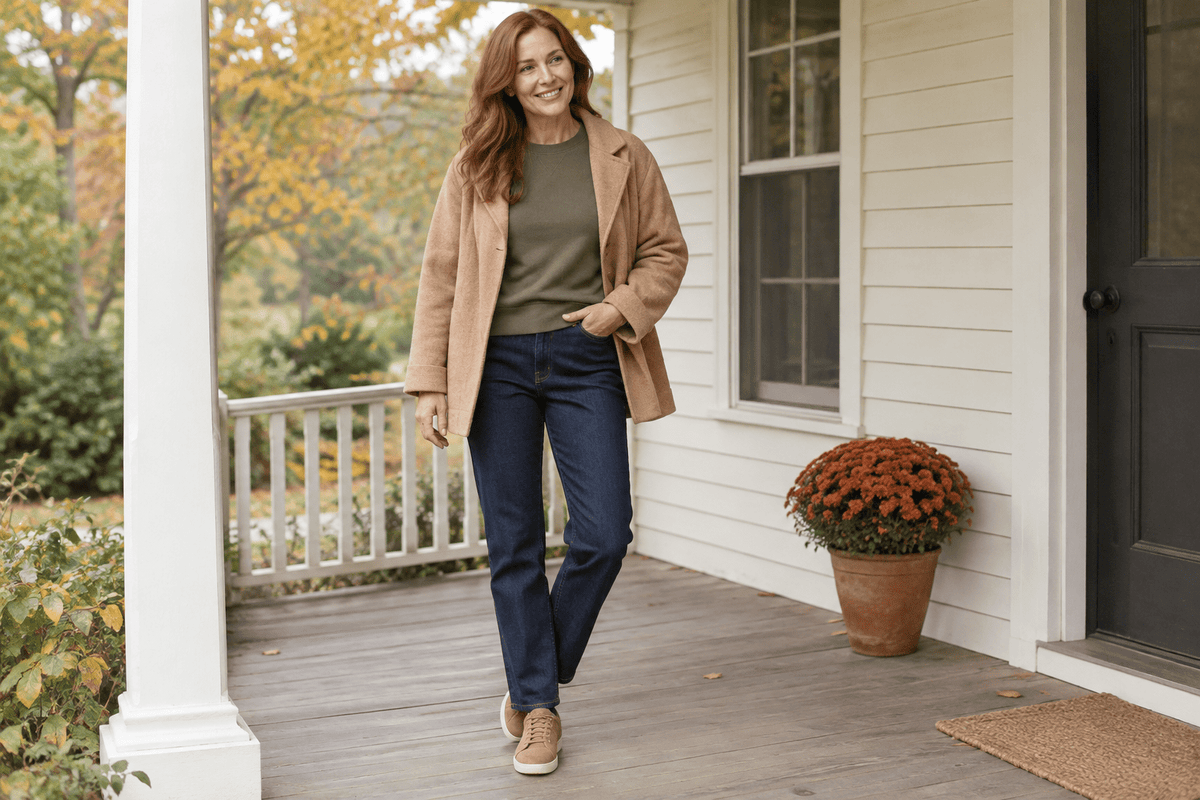 Fall sweatshirt outfit with a muted olive crewneck, camel jacket, dark jeans, and tan sneakers on a cottage porch.