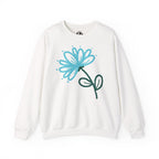 An off-white crewneck sweatshirt featuring a graphic of a stylized flower with a light blue petals and a dark green stem, displayed on a clean white background.