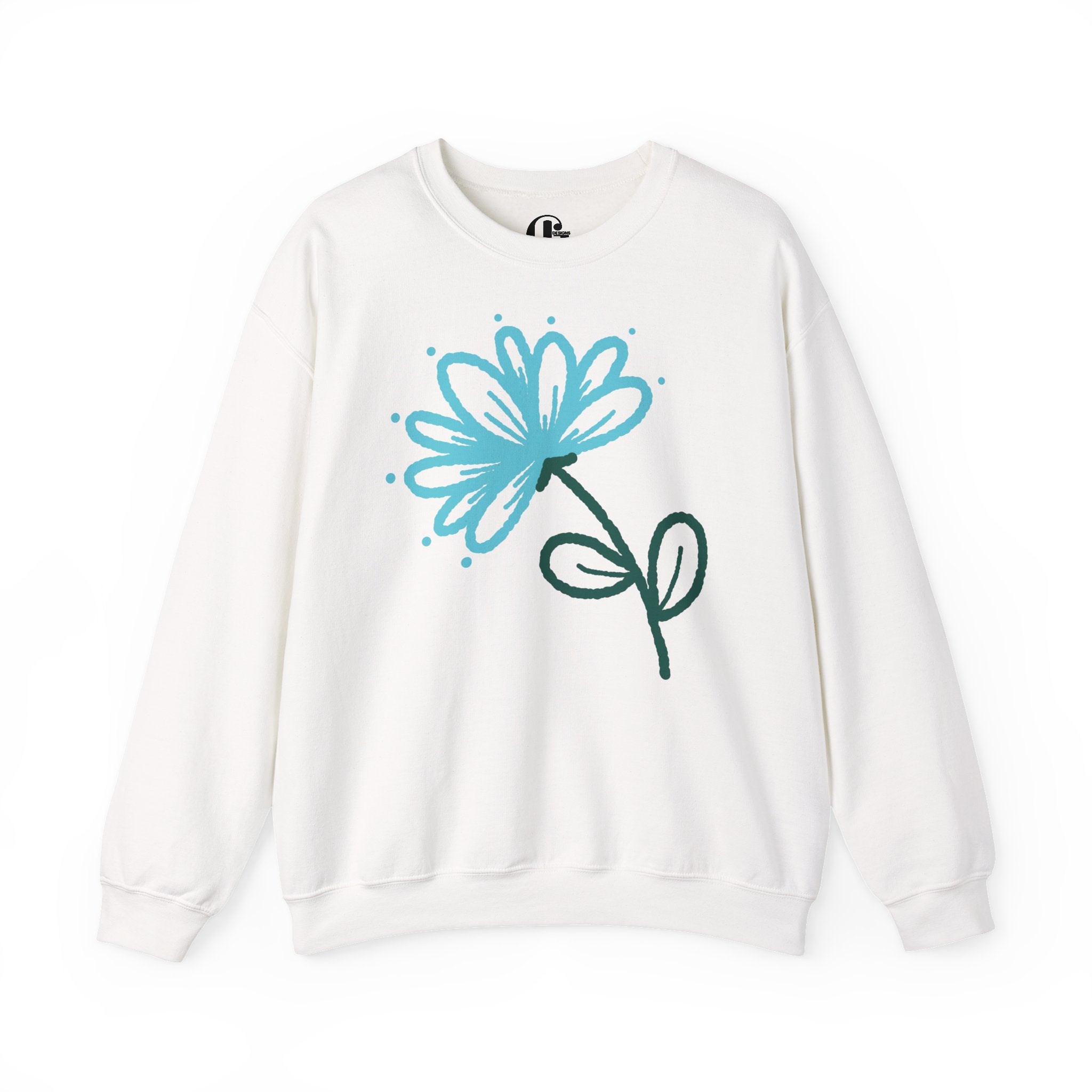 An off-white crewneck sweatshirt featuring a graphic of a stylized flower with a light blue petals and a dark green stem, displayed on a clean white background.