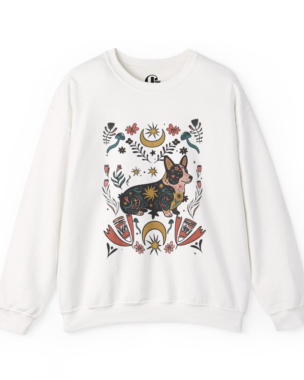 An off-white crewneck sweatshirt featuring a detailed graphic print of a corgi surrounded by floral, crescent moon, and bird motifs in earthy tones.