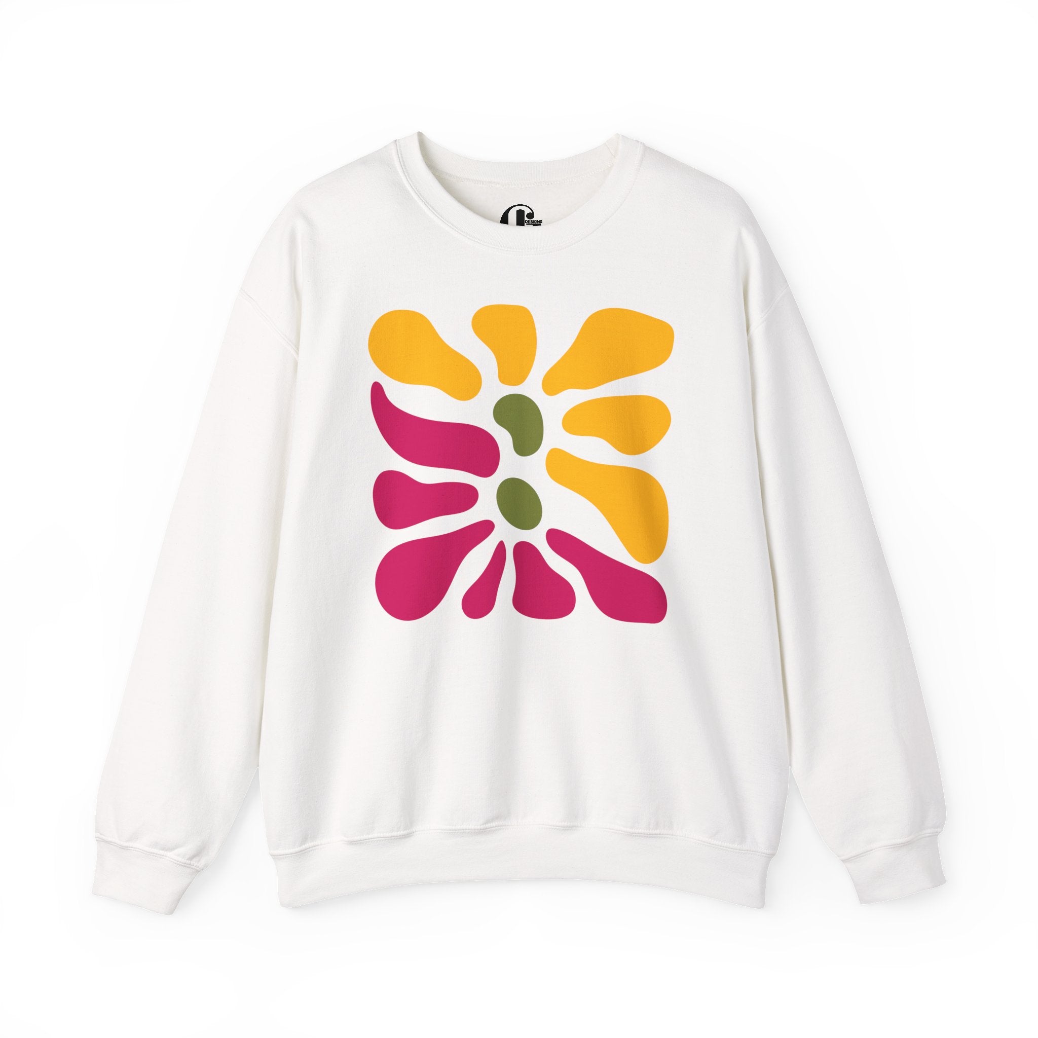 A white crewneck sweatshirt featuring a retro 1960s-style flower graphic on the chest with yellow, magenta, and olive green shapes.