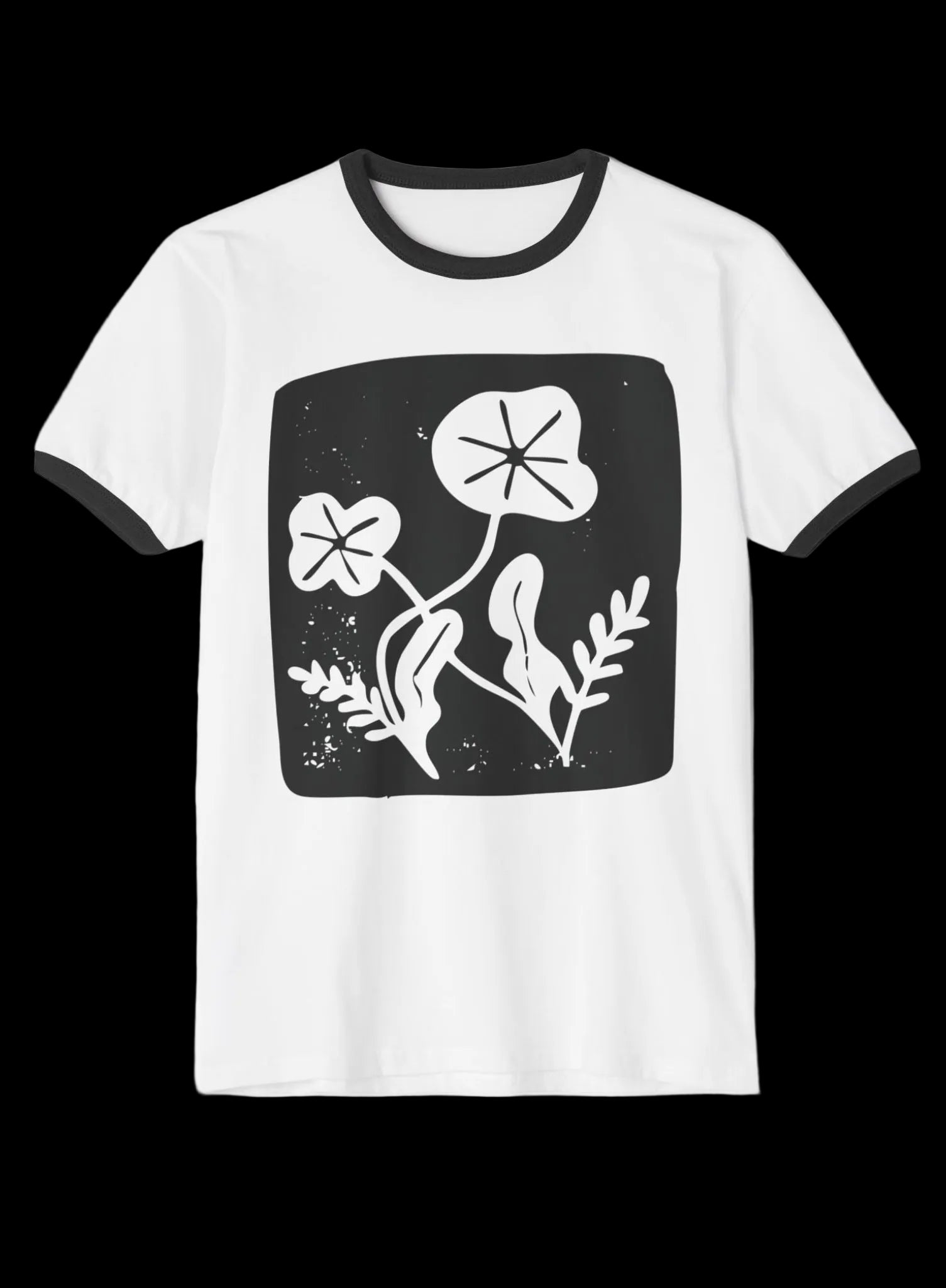 A white ringer t-shirt with black trim on the collar and sleeve cuffs, featuring a black square graphic on the chest with white botanical line art.