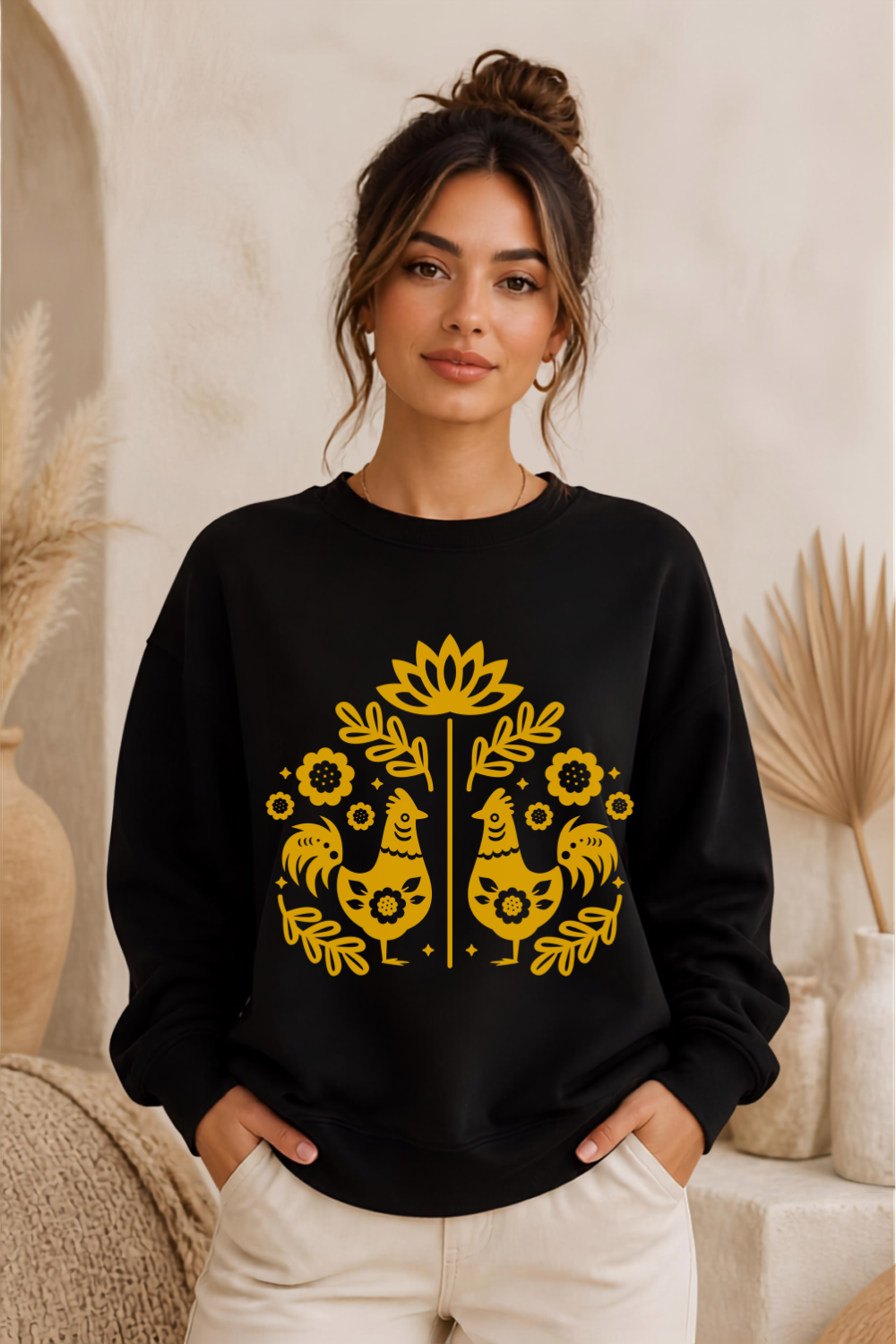 Folk Art Rooster Crewneck Sweatshirt