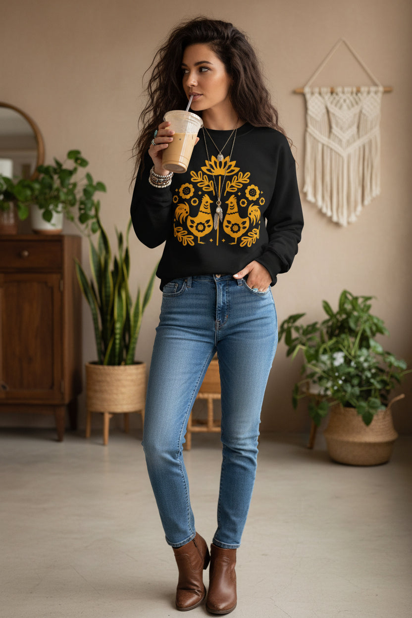 A woman wearing a black crewneck sweatshirt with a yellow folk-art graphic of two roosters and flowers, paired with gray denim shorts and holding an iced coffee.