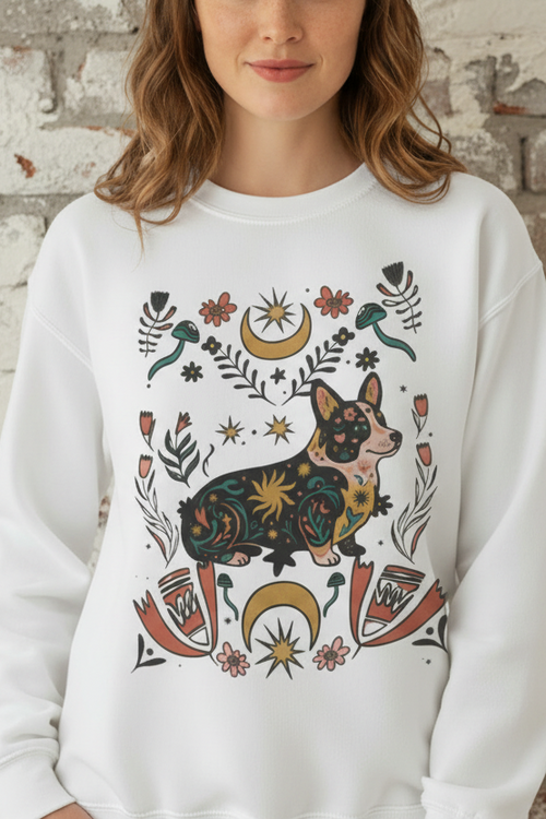 A woman wearing a white crewneck sweatshirt with a colorful, detailed graphic of a corgi surrounded by flowers, birds, and crescent moons. She is standing in a softly lit, neutral-toned indoor room.