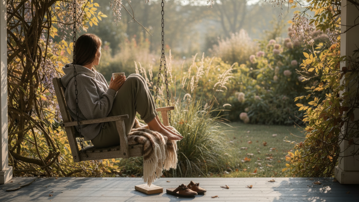 A person sits barefoot on a hanging wooden porch swing, holding a mug, with a throw blanket draped over the seat. The porch overlooks a sunlit garden with tall grasses and autumn foliage.