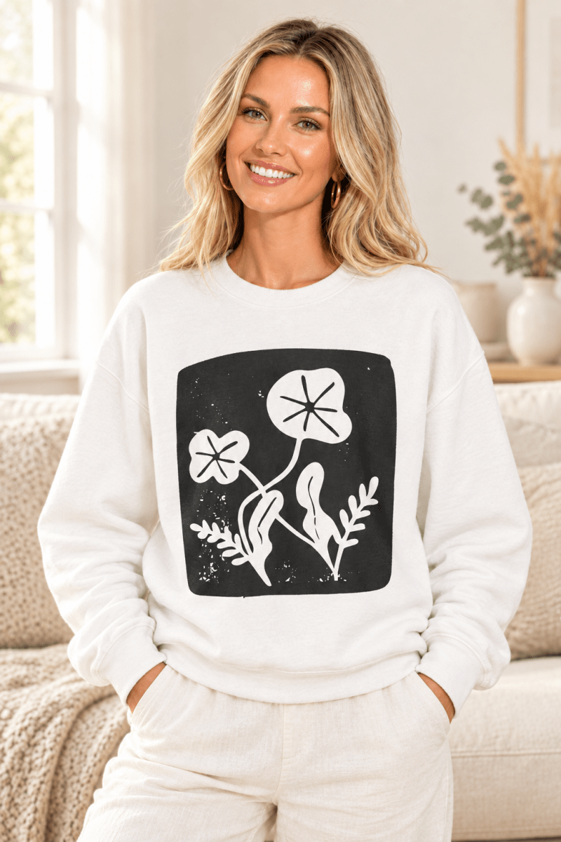 The Doodled Flower Boutique white crewneck sweatshirt featuring an original floral block print graphic, close up.