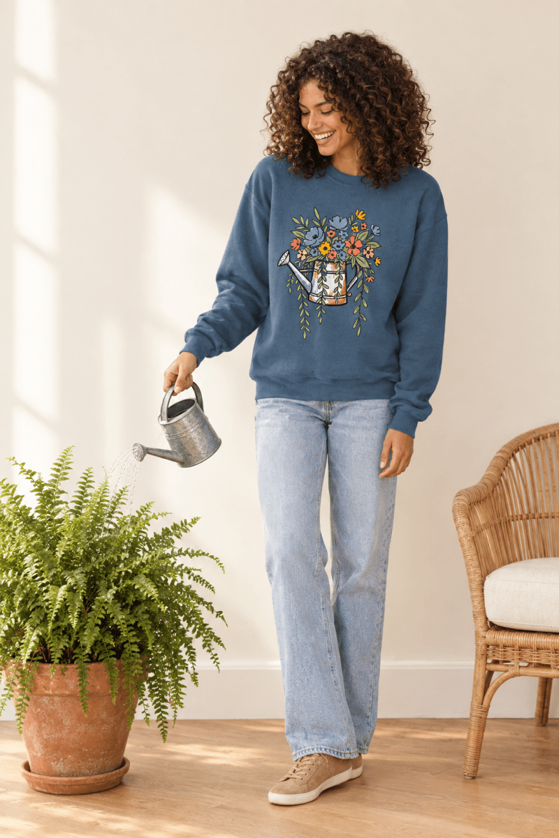 The Doodled Flower Boutique indigo blue floral watering can crewneck sweatshirt styled with light wash jeans while watering a fern.