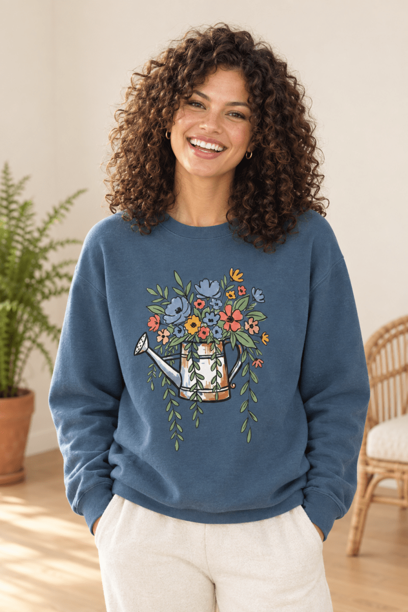 The Doodled Flower Boutique indigo blue crewneck sweatshirt featuring an original floral watering can graphic, close up.