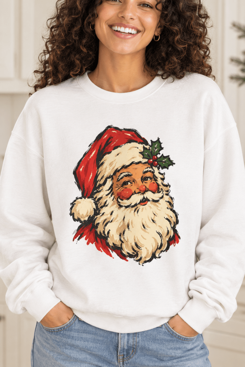The Doodled Flower Boutique white crewneck sweatshirt featuring a vintage Santa portrait with a holly sprig graphic, close up.
