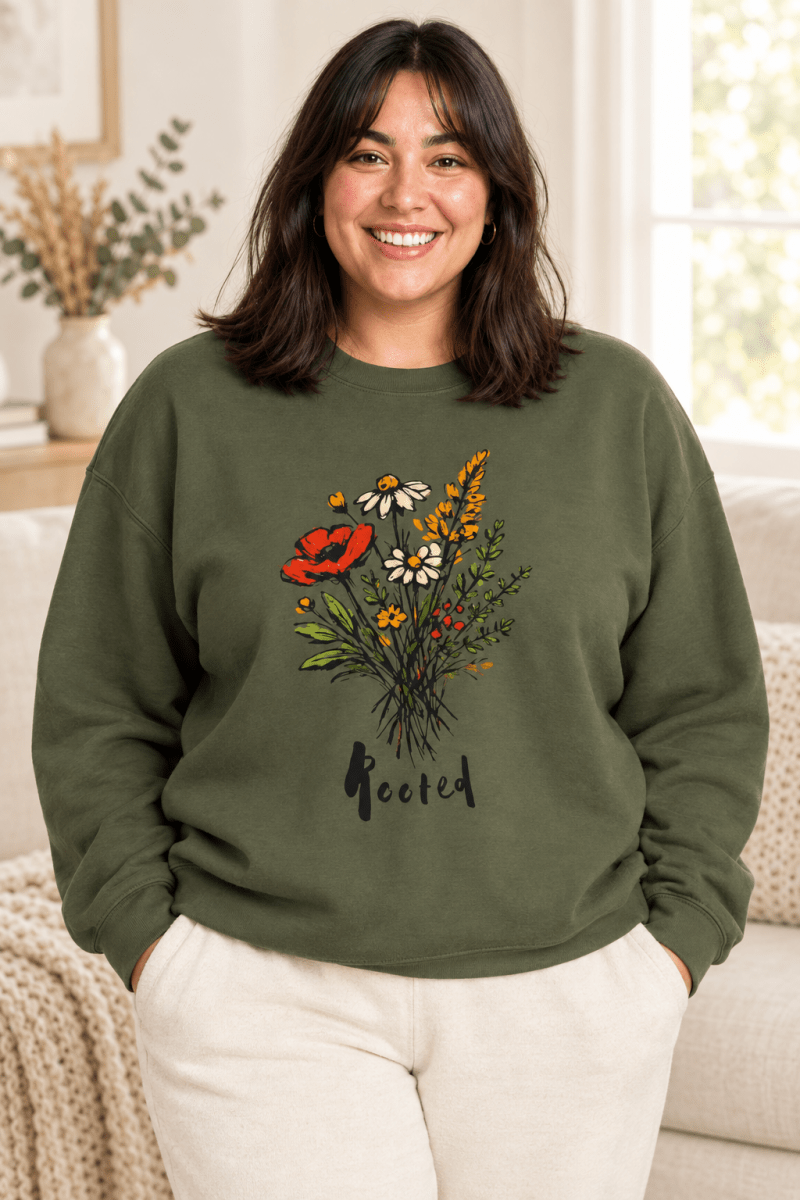 The Doodled Flower Boutique military green crewneck sweatshirt featuring an original rooted wildflower bouquet graphic, close up.