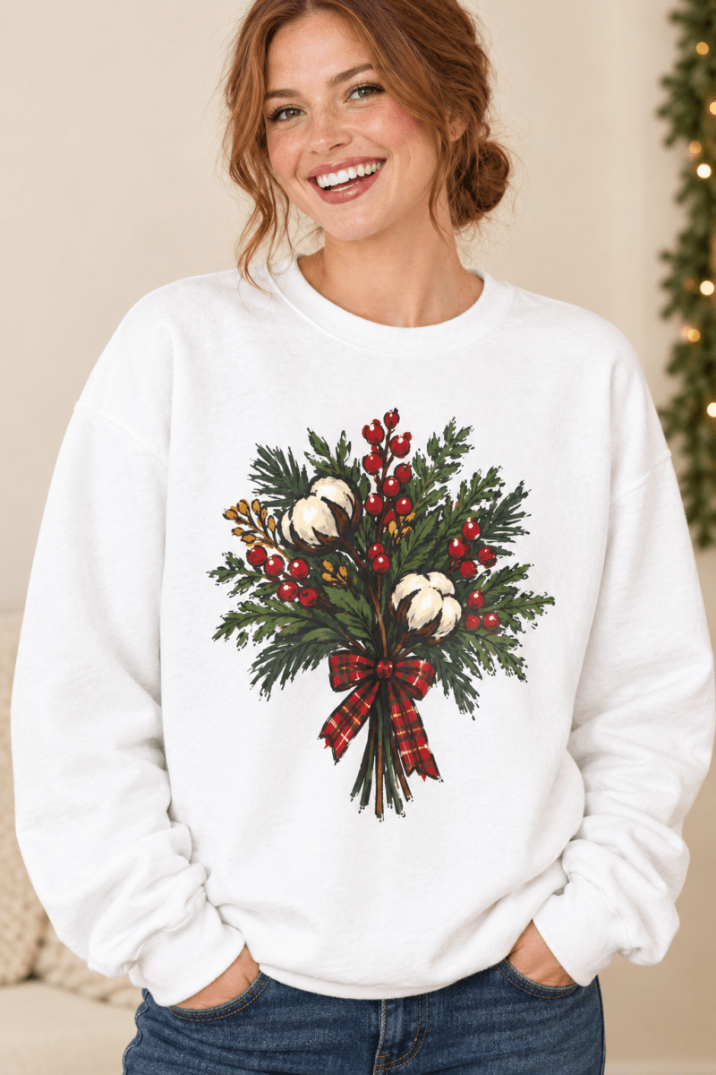 The Doodled Flower Boutique white crewneck sweatshirt featuring a cotton bouquet with red berries and a plaid bow graphic, close up.