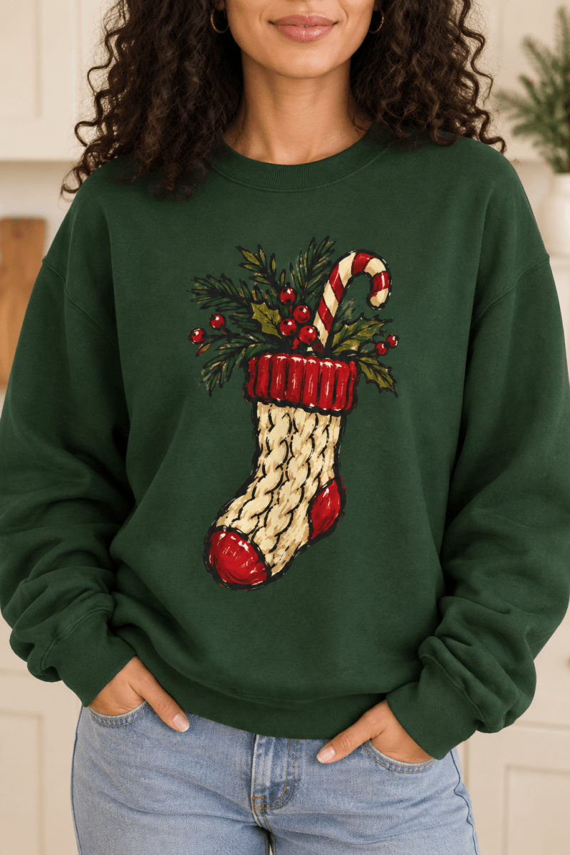 The Doodled Flower Boutique forest green crewneck sweatshirt featuring a cable knit Christmas stocking with greenery and a candy cane graphic, close up.