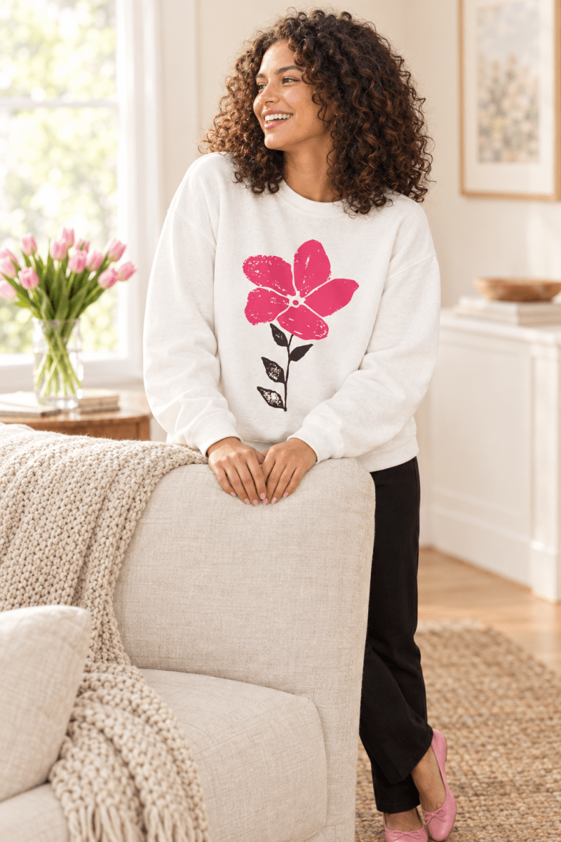 The Doodled Flower Boutique white pink bloom doodle crewneck sweatshirt styled with black trousers and pink ballet flats in a cozy living room.