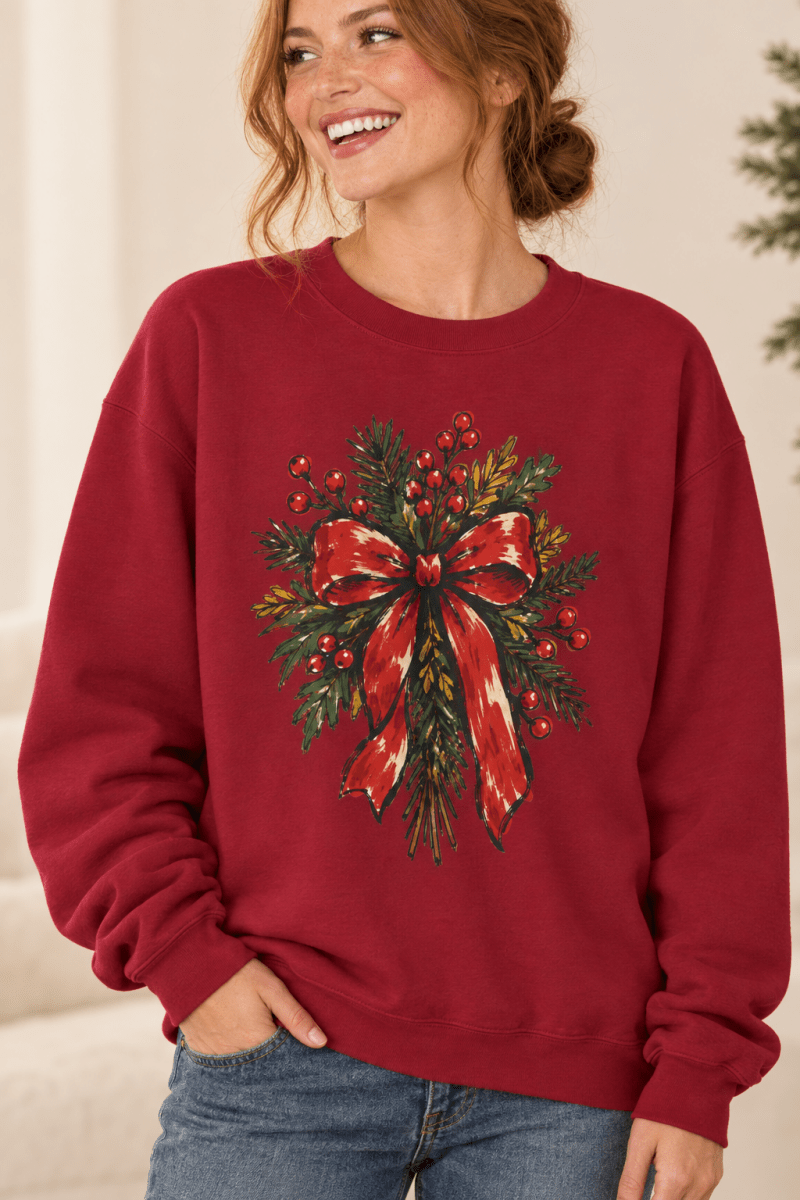 The Doodled Flower Boutique cardinal red crewneck sweatshirt featuring a Christmas wreath with red berries and a red bow graphic, close up.