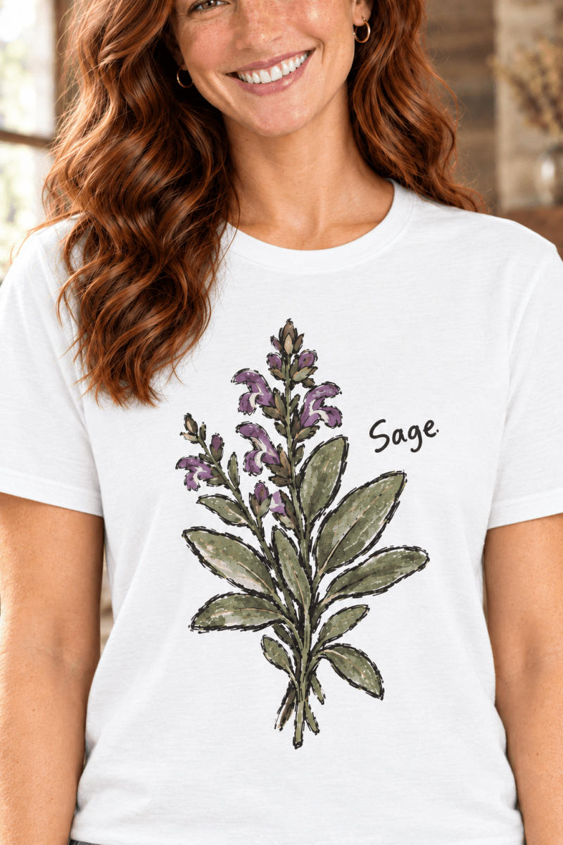 The Doodled Flower Sage Botanical T-Shirt White Main Hero