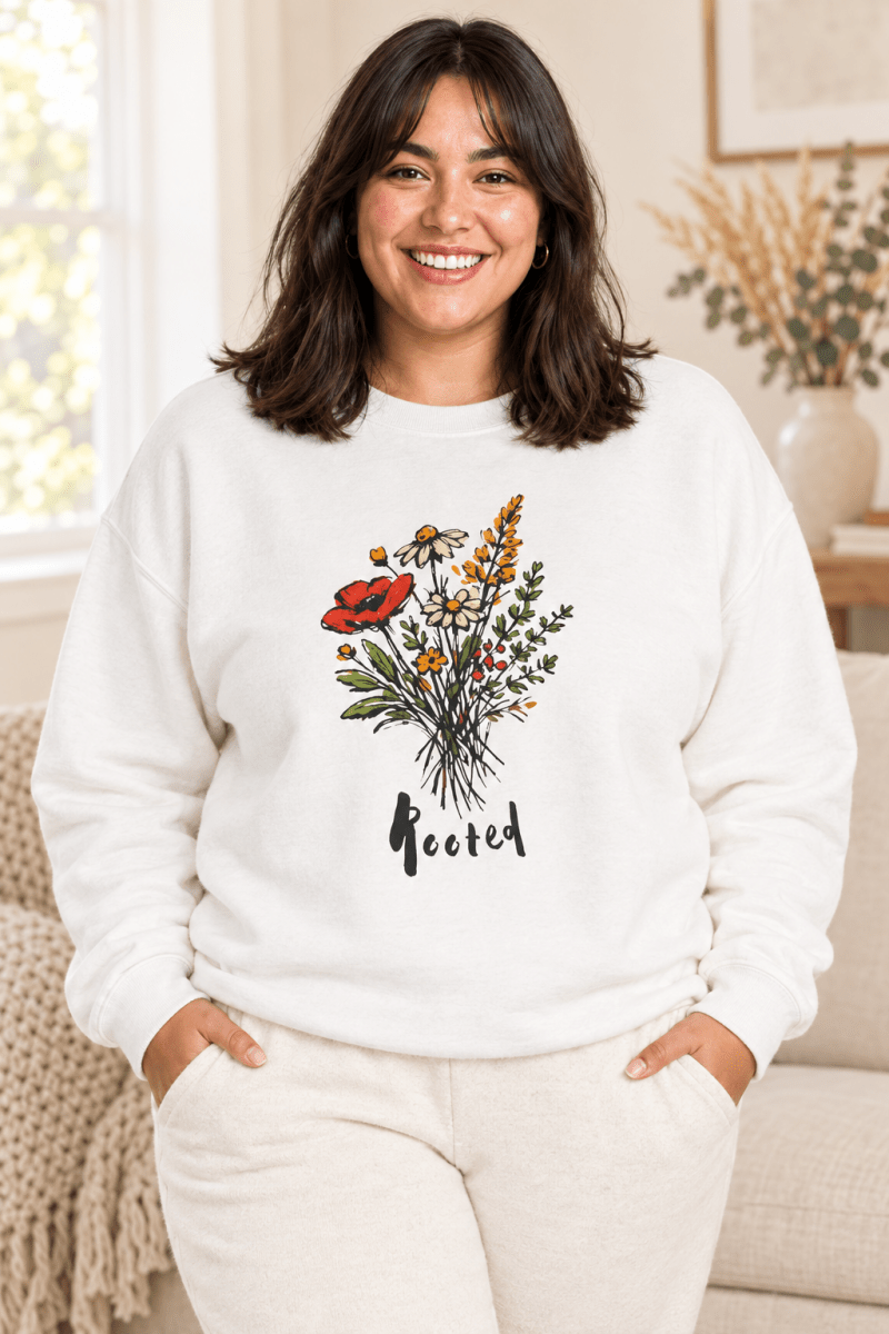 The Doodled Flower Boutique white crewneck sweatshirt featuring an original rooted wildflower bouquet graphic, close up.