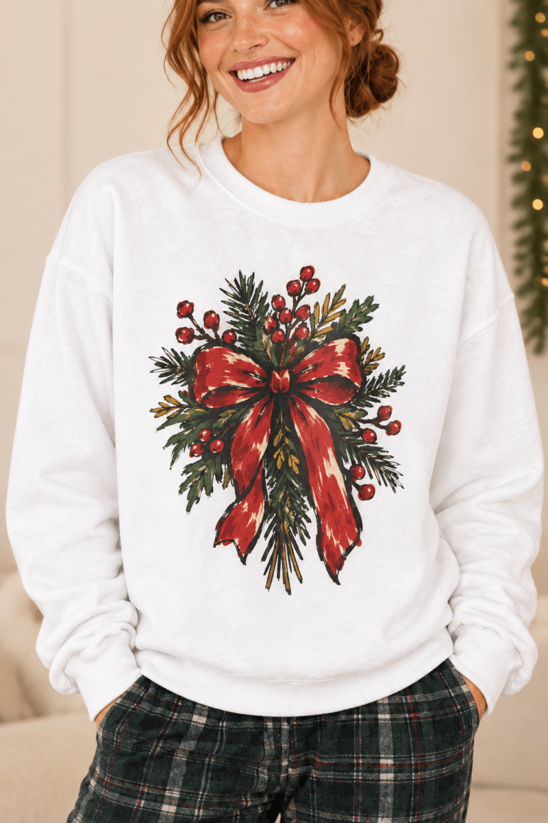 The Doodled Flower Boutique white crewneck sweatshirt featuring a Christmas wreath with red berries and a red bow graphic, close up.
