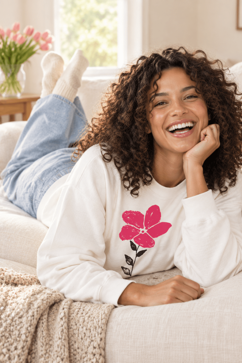 The Doodled Flower Boutique white pink bloom doodle crewneck sweatshirt styled with light wash jeans while lounging on a cream sofa.
