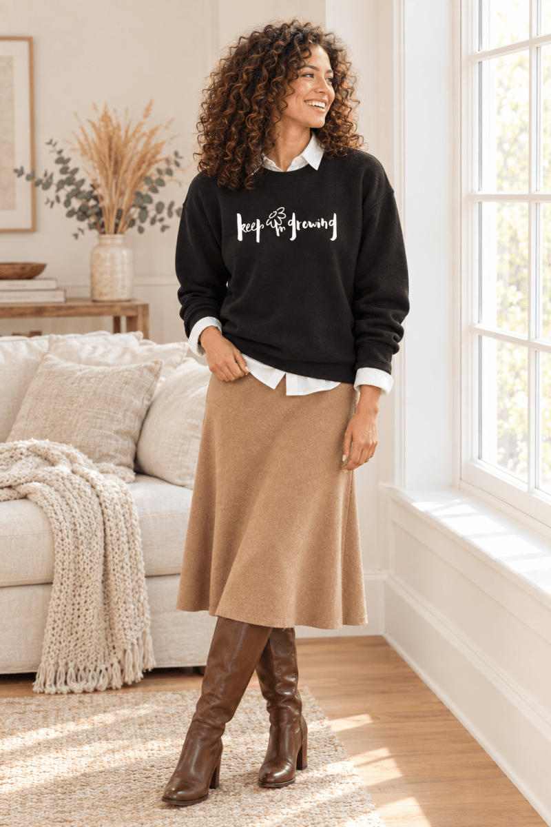 The Doodled Flower Boutique black keep growing crewneck sweatshirt layered over a white button-down with a camel midi skirt and knee high boots.