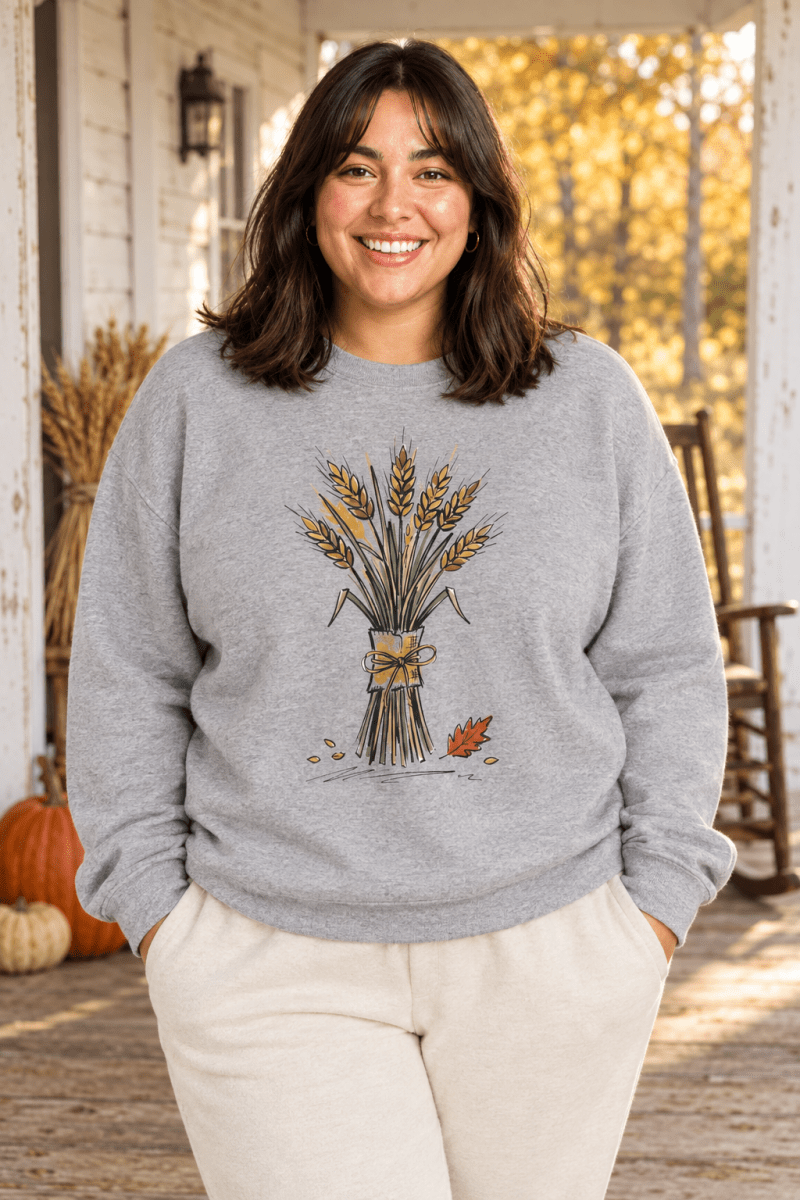 The Doodled Flower Boutique sport grey crewneck sweatshirt featuring an original wheat bouquet graphic, close up on a fall farmhouse porch.