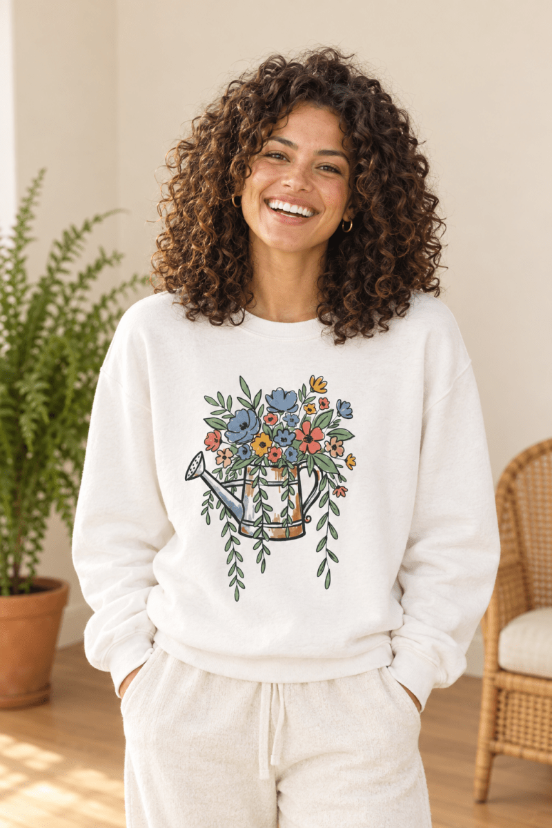 The Doodled Flower Boutique white crewneck sweatshirt featuring an original floral watering can graphic, close up.