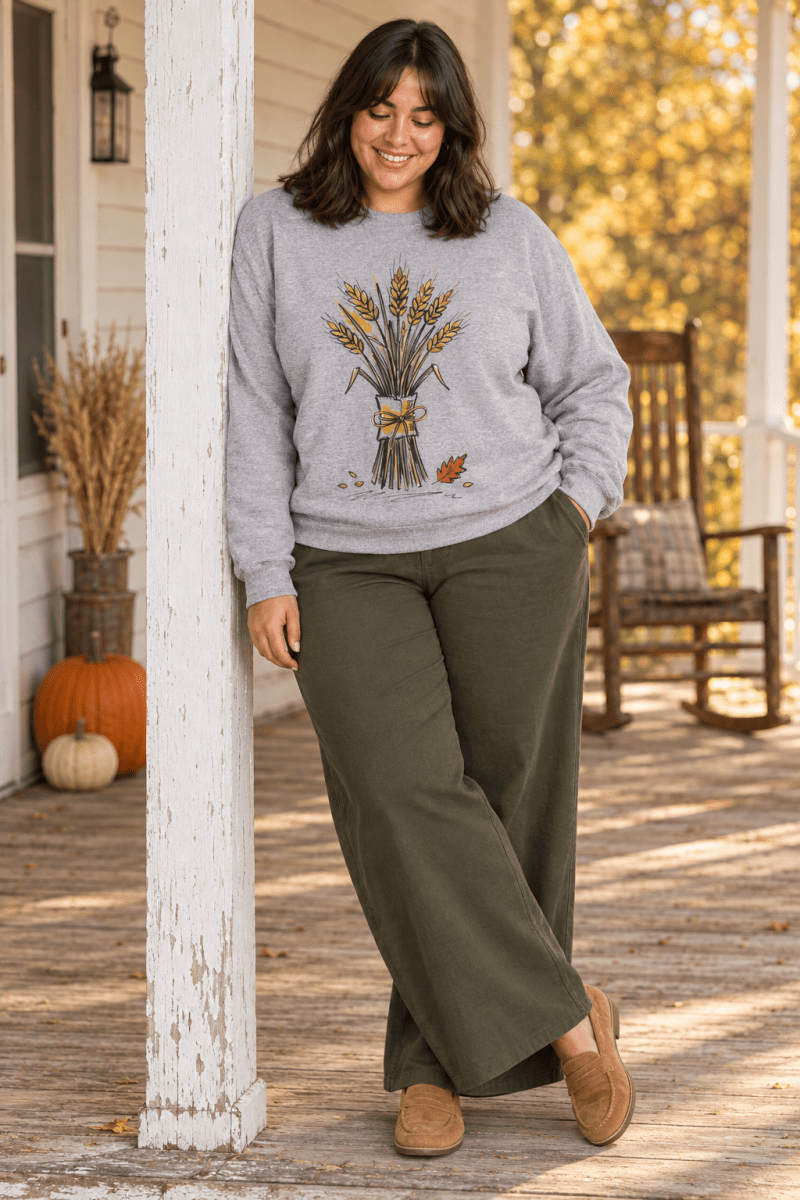 The Doodled Flower Boutique sport grey wheat bouquet crewneck sweatshirt styled with olive wide leg trousers and suede loafers on a farmhouse porch.