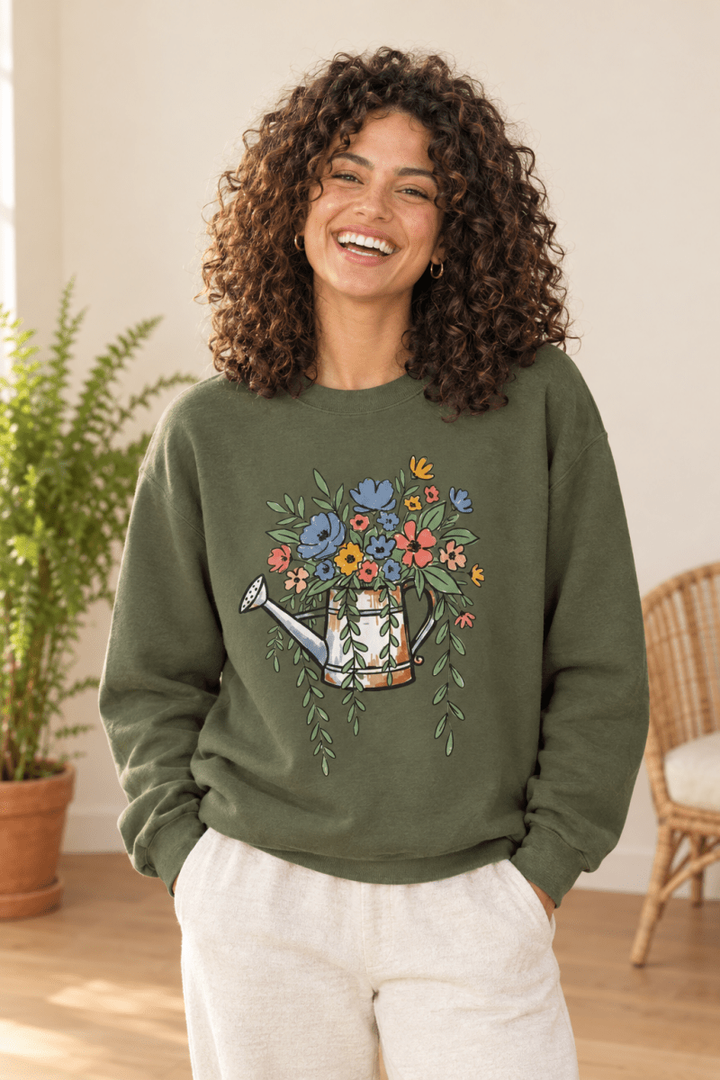 The Doodled Flower Boutique military green crewneck sweatshirt featuring an original floral watering can graphic, close up.