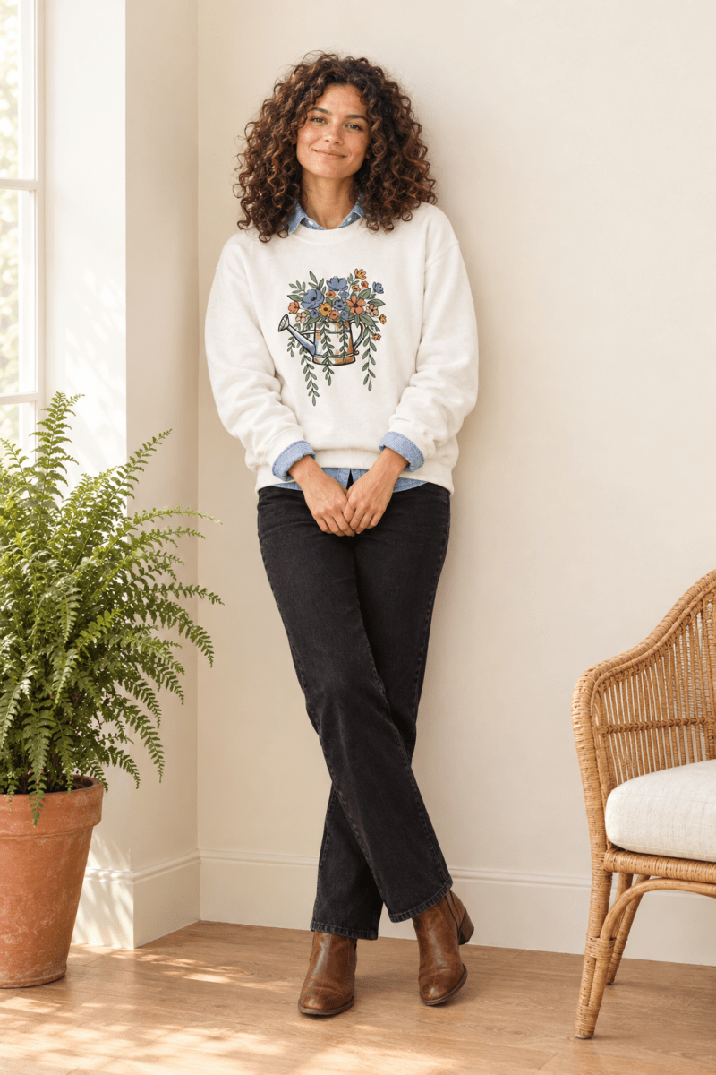 The Doodled Flower Boutique white floral watering can crewneck sweatshirt layered over a chambray button-down with black jeans and ankle boots.