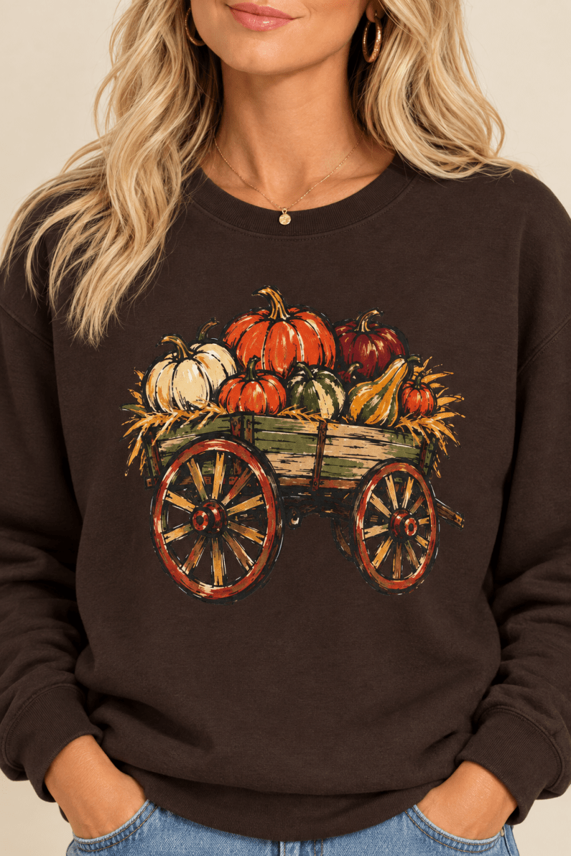 The Doodled Flower Boutique dark chocolate crewneck sweatshirt featuring a rustic pumpkin wagon graphic, close up