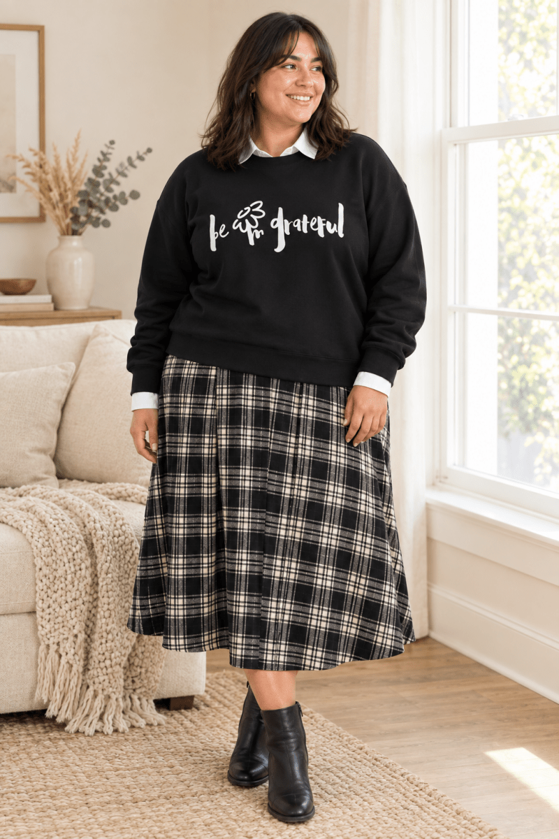 The Doodled Flower Boutique black be grateful crewneck sweatshirt layered over a white button-down with a plaid midi skirt and ankle boots.