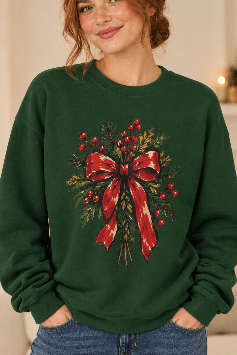 The Doodled Flower Boutique forest green crewneck sweatshirt featuring a Christmas wreath with red berries and a red bow graphic, close up.