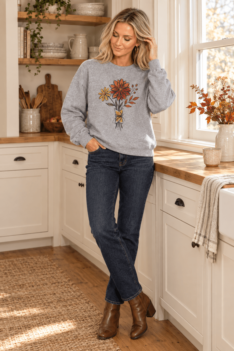 The Doodled Flower Boutique sport grey autumn bouquet crewneck sweatshirt styled with dark wash jeans and brown ankle boots in a farmhouse kitchen.