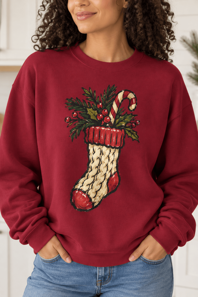 The Doodled Flower Boutique cardinal red crewneck sweatshirt featuring a cable knit Christmas stocking with greenery and a candy cane graphic, close up.