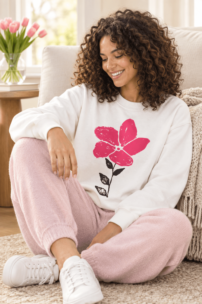 The Doodled Flower Boutique white pink bloom doodle crewneck sweatshirt styled with pale pink knit joggers and white sneakers.