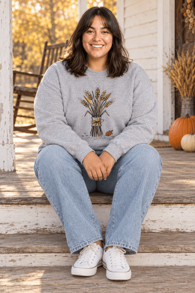 The Doodled Flower Boutique sport grey wheat bouquet crewneck sweatshirt styled with light wash jeans and white sneakers on farmhouse porch steps.