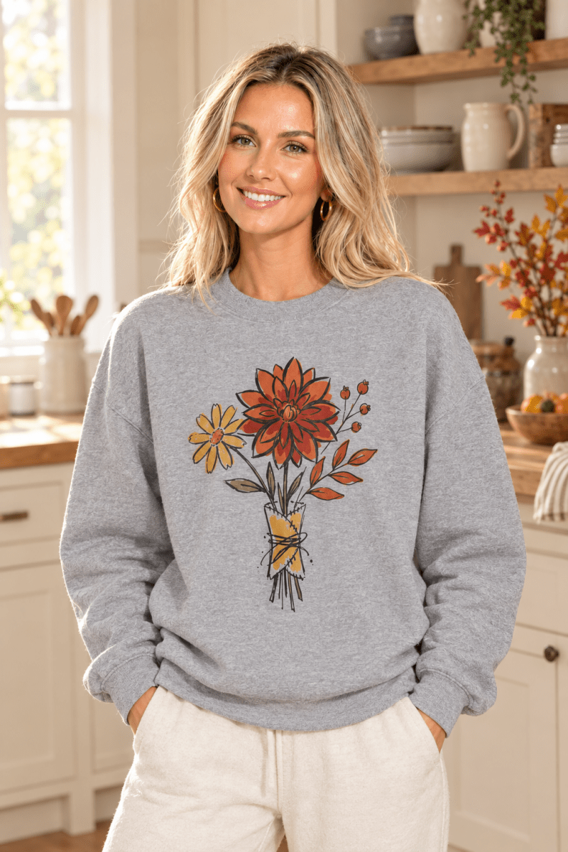 The Doodled Flower Boutique sport grey crewneck sweatshirt featuring an original autumn bouquet graphic, close up.