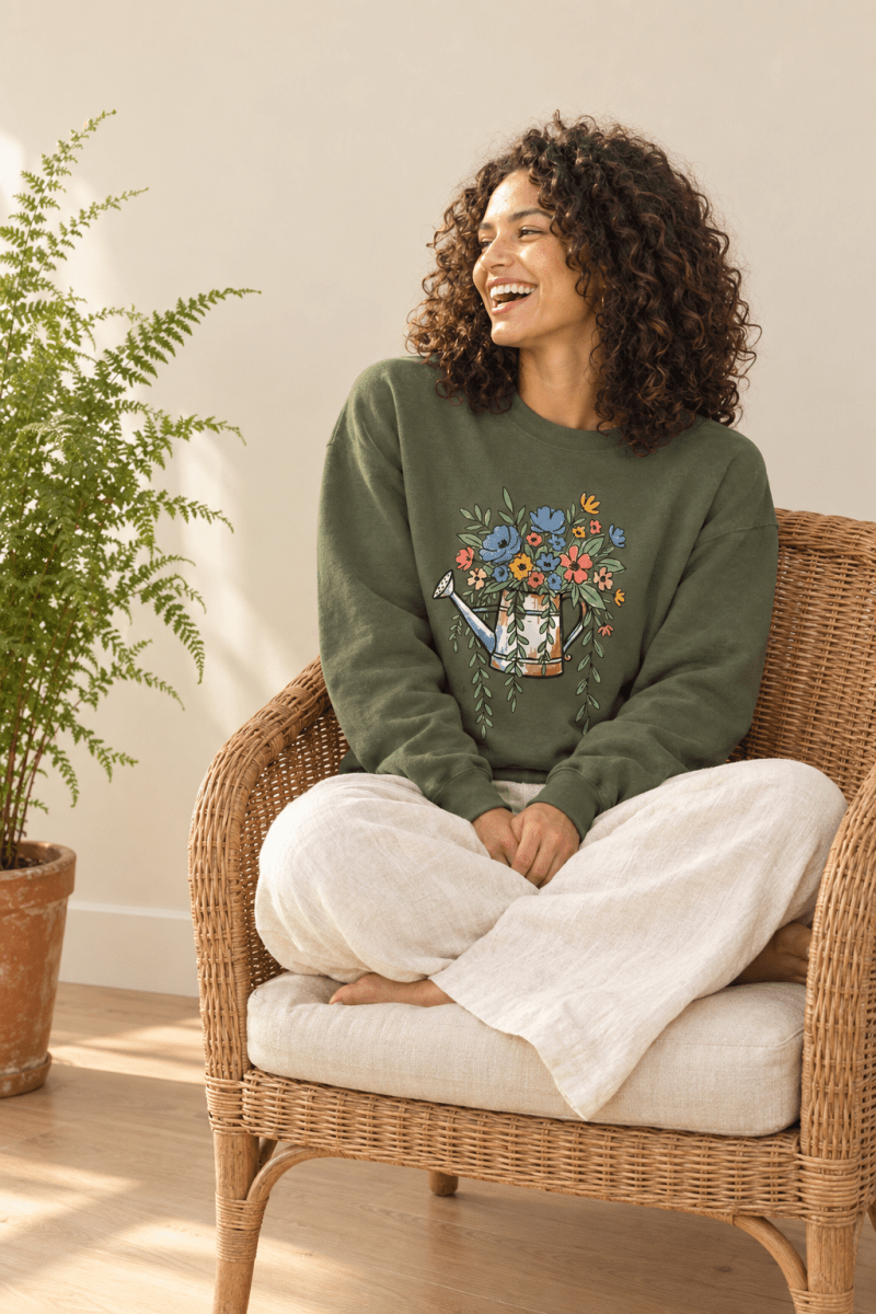 The Doodled Flower Boutique military green floral watering can crewneck sweatshirt styled with cream linen trousers in a rattan chair.