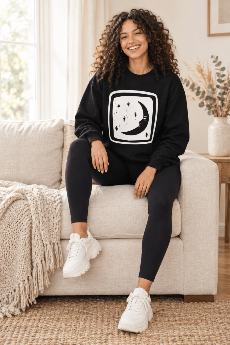The Doodled Flower Boutique black crescent moon and stars crewneck sweatshirt styled with black leggings and chunky white sneakers.