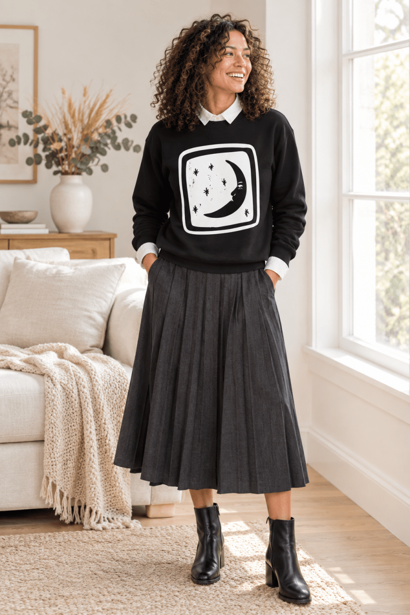 The Doodled Flower Boutique black crescent moon and stars crewneck sweatshirt layered over a white button-down with a charcoal pleated midi skirt and ankle boots.