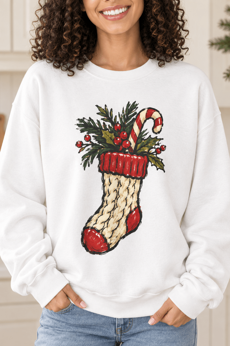 The Doodled Flower Boutique white crewneck sweatshirt featuring a cable knit Christmas stocking with greenery and a candy cane graphic, close up.