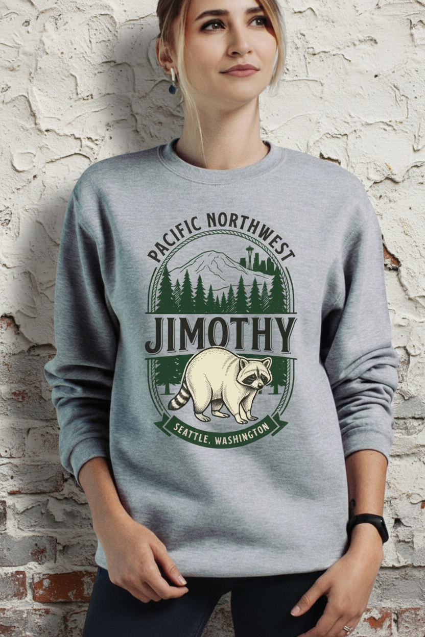 A woman wearing a heather gray crewneck sweatshirt with a 'Pacific Northwest Jimmyothly Seattle Washington' raccoon graphic, shown against a plain white background.