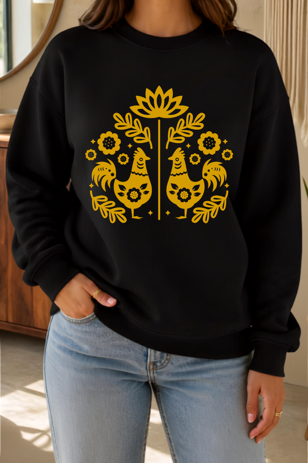Folk Art Rooster Crewneck Sweatshirt