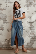 Model in Lazy Bloom Ringer Tee with Denim Maxi Skirt