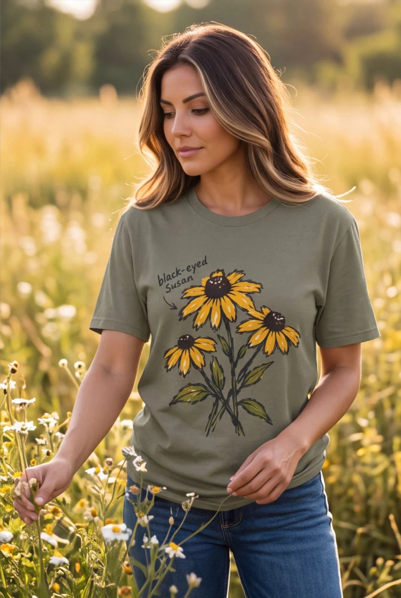 Black-Eyed Susan Floral T-Shirt — Hand-Drawn Yellow Wildflower Tee