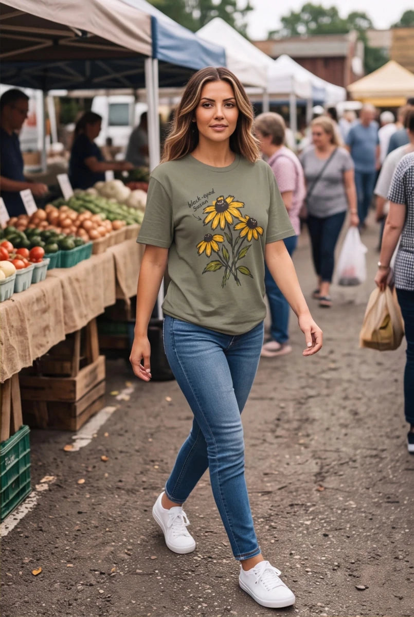 Black-Eyed Susan Floral T-Shirt — Hand-Drawn Yellow Wildflower Tee