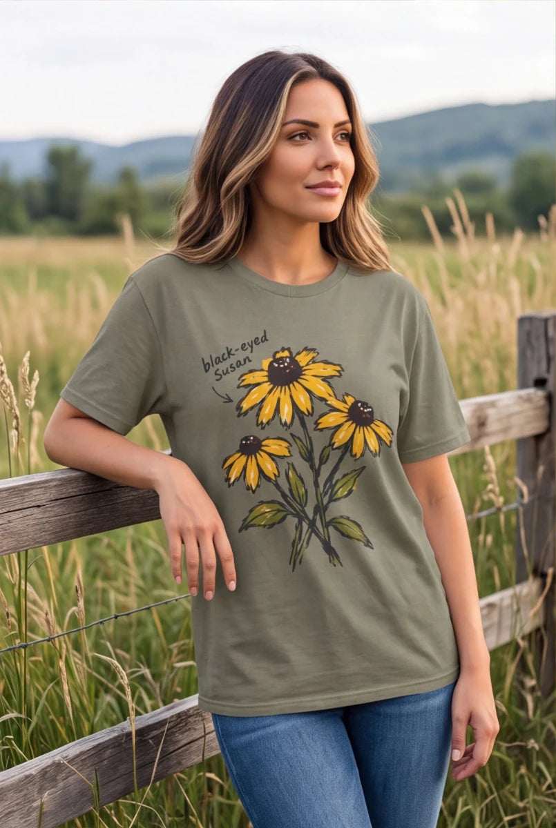 Black-Eyed Susan Floral T-Shirt — Hand-Drawn Yellow Wildflower Tee