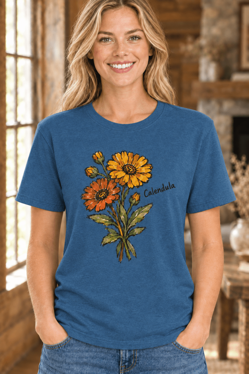 The Doodled Flower Boutique blue cotton t-shirt featuring a hand-drawn orange and yellow calendula floral illustration.