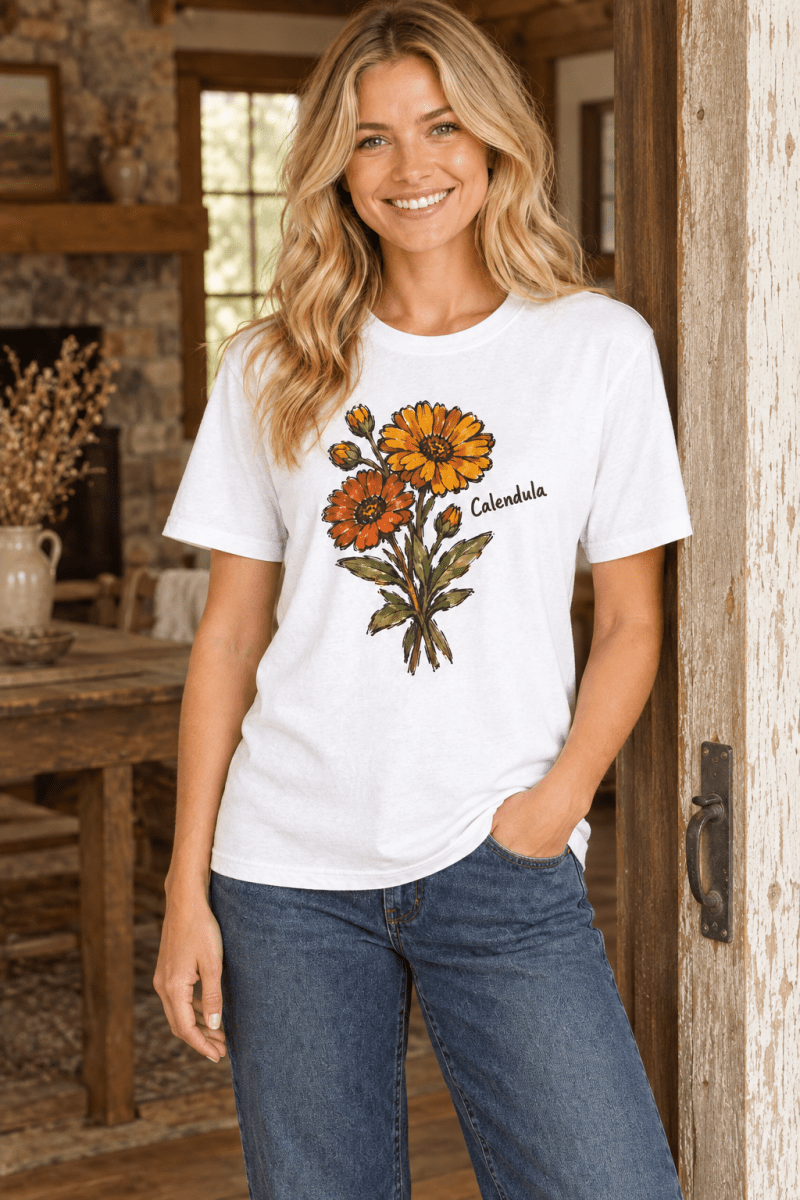 A woman wearing a The Doodled Flower Boutique white cotton t-shirt with a hand-drawn orange calendula flower graphic.