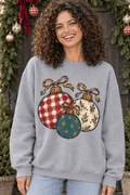 The Doodled Flower Boutique grey crewneck sweatshirt featuring hand-drawn Christmas ornaments with plaid and floral art
